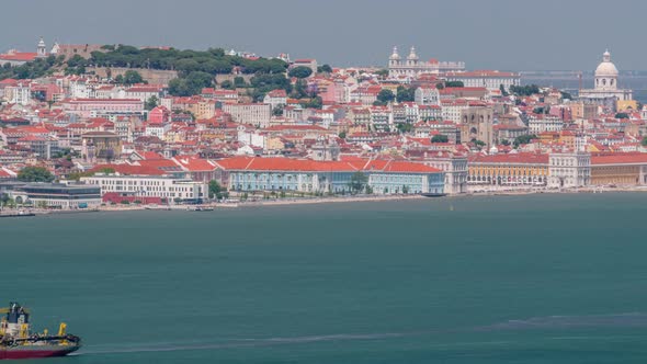 Panorama of Lisbon Historical Centre Aerial Timelapse Viewed From Above the Southern Margin of the