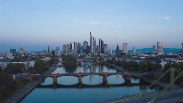 Frankfurt Am Main, Germany Skyline Establisher Hyperlapse Moving Time Lapse Over Main River with