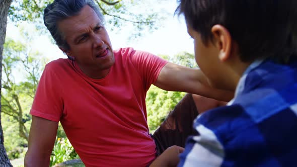 Father consoling his son at picnic in park 4k