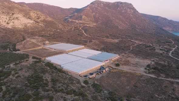 Aerial view of big Industrial greenhouses. Industrial agriculture growing tomatoes 