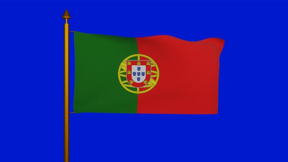 National flag of Portugal waving with flagpole on chroma key, Republic of Portugal flag textile