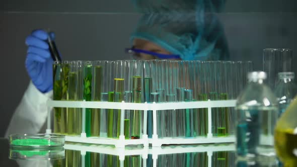 Chemist Checking Tube With Black Substance, Petrol Quality Control, Production