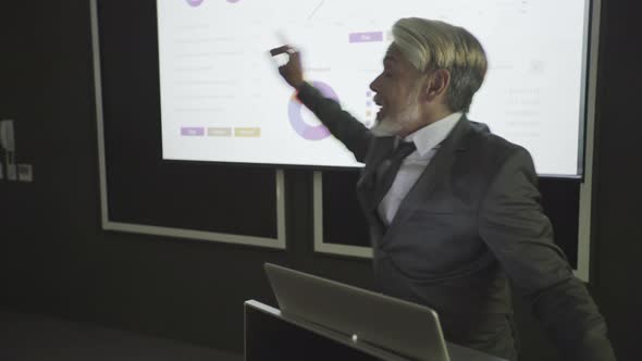 Businessman explaining presentation on projection screen