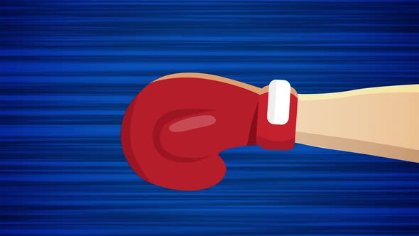 Flying boxing glove on blue background. Looped animation of punching glove. Anime style moving glove