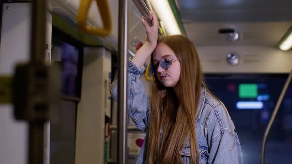 Tired Depressed Stylish Young Woman Stay Alone in Bus Transport After Hard Work Day Falls Asleep