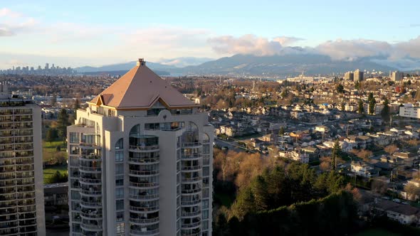 Drone Ascend Over High-rise Contemporary Buildings In Brentwood Neighbourhood In Burnaby, Canada. -