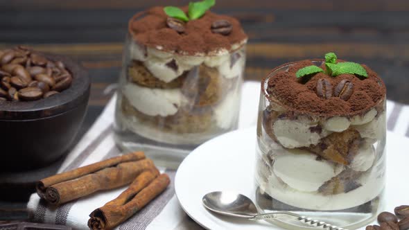 Classic Tiramisu Dessert in a Glass on Wooden Background