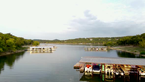 Missouri State Park. Boats on Water at Table Rock Lake - Aerial Flying View