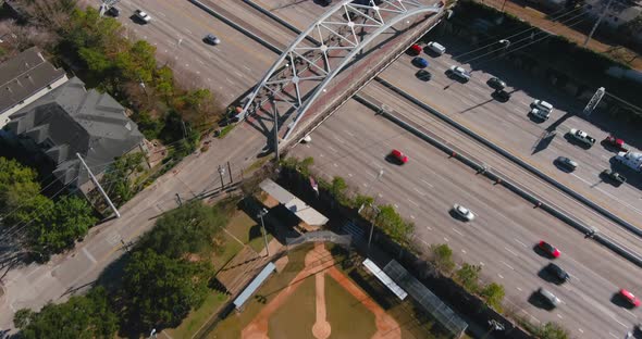 Aerial of cars on 59 South freeway in Houston, Texas on a bright sunny day