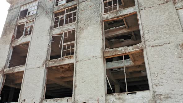 Aerial view of an abandoned industrial plant. Factory ruins.