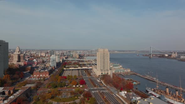 Penn's Landing and Benjamin Franklin Bridge in Philadelphia