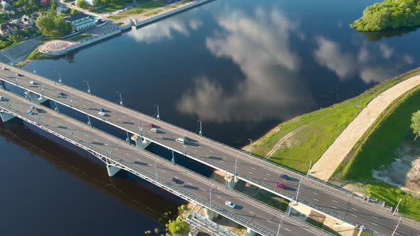 Aerial View of Bridge Over the River with Car Traffic in the City