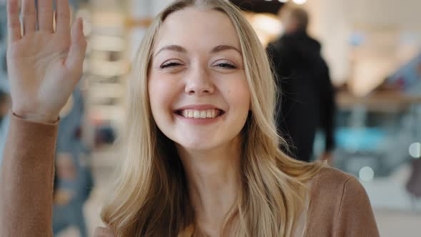 Portrait Indoors Caucasian Blonde Girl Friendly Woman Smiling Peeping Somebody Waiting Looking Away