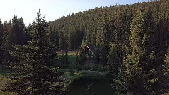 Flying Through Trees and Towards a Wooden Cabin in a Forest in Colorado