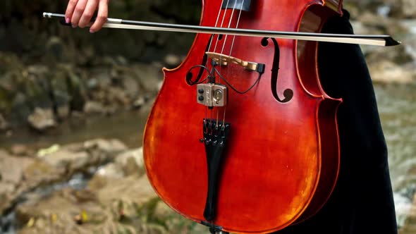 Red cello in woman's hands outdoors.