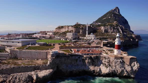 Europa Point Lighthouse At Europa Point, British Overseas Territory of Gibraltar. Aerial Panning Lef