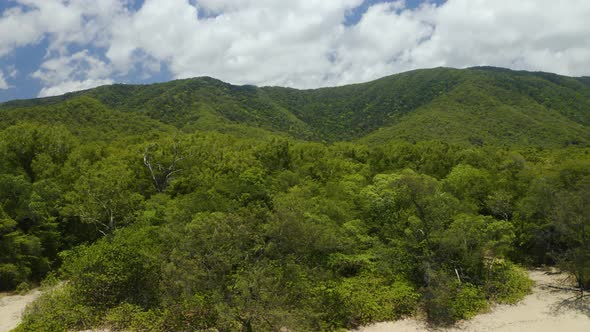 Aerial, Beautiful View On Tropical Vegetation And Hills On Australian Coast In Cairns, Queensland