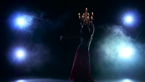Beautiful Belly Dancer Go on Dancing with Candles, Her Head, Black, Smoke, Silhouette