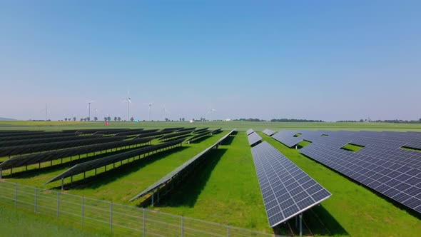 Solar Panels in Green Field Aerial View