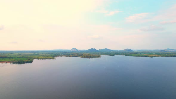 4K Aerial view drone fly over Water reservoir  in the countryside of Thailand.