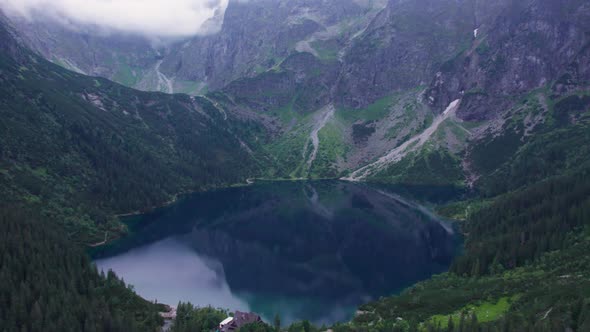view of the blue mountain lake from a quadcopter morskie oko landmark of poland tatras buried europe