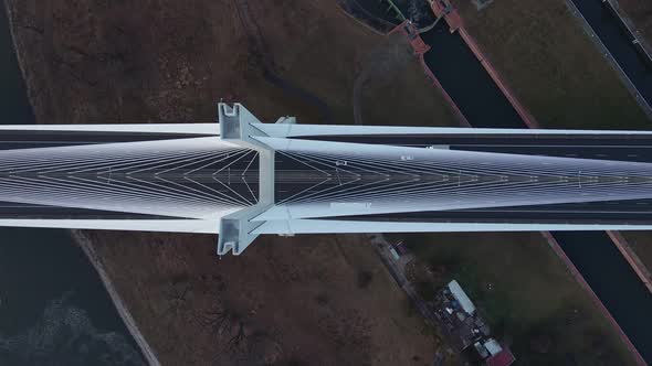 Large Bridge Over River with Cars Traffic Top View