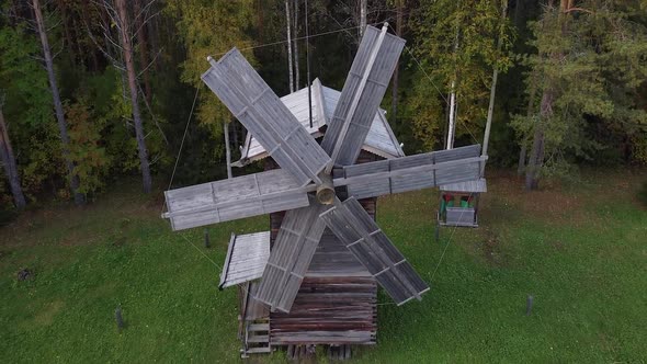 Flying with a Drone Over a Traditional Wooden Windmill
