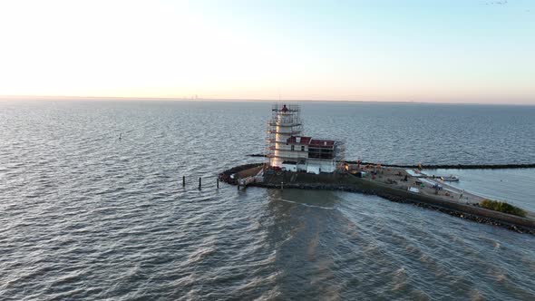 Aerial View of the Paard Van Marken at Sunrise Traditional Historic Monument Lighthouse on the