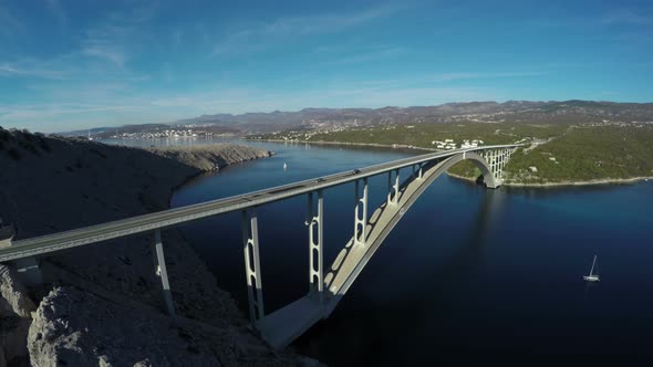 Aerial view of a concrete arched bridge