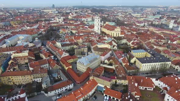 Flying over the old town of Vilnius, Lithuania