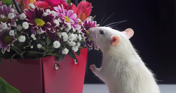 Domestic White Rat Sniffs Beautiful Flowers