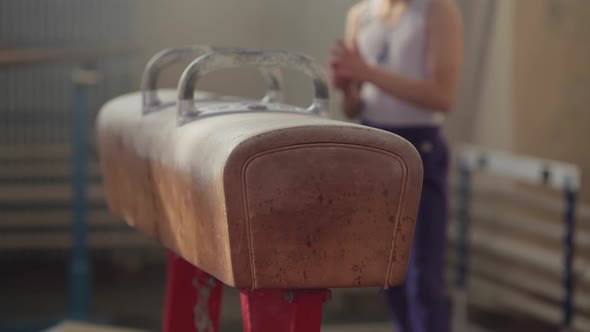 Leather Vaulting-horse In The Gym With Athlete In The Background. Faceless Athlete Preparing To