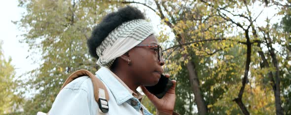 African American Woman Walking in Park and Having Phone Talk
