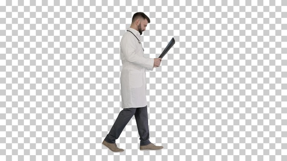 Medical doctor walking and looking at, Alpha Channel