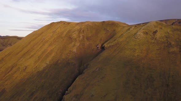 a drone shot of sunset in landmannalaugar during summer