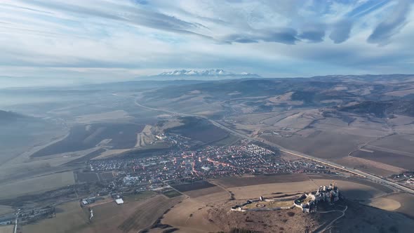 Aerial view of Spis Castle and High Tatras in Slovakia