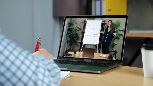 Close Up Smiling Woman Top Manager Company in Computer Screen Tells Report CEO