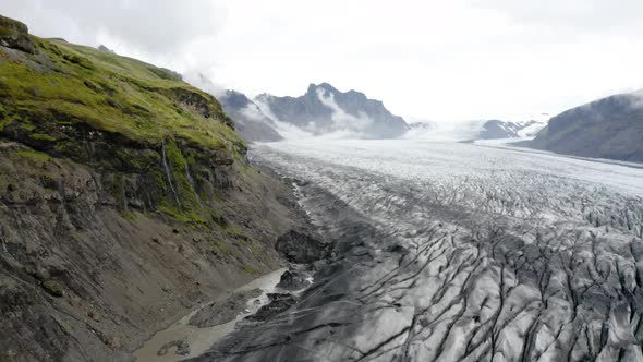 Vast Landscape Of Skaftafell Glaciers In Vatnajokull National Park In Iceland. Aerial Pullback