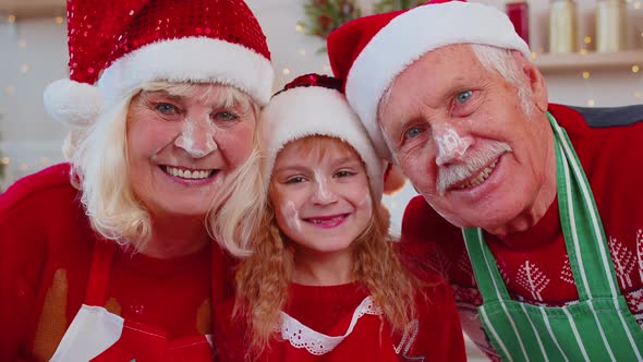 POV of Senior Grandparents with Grandchild Girl Taking Selfie on Mobile Phone on Christmas Kitchen