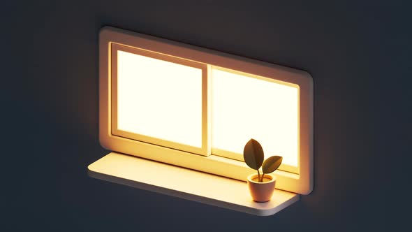 3D cartoon style windowsill with golden light