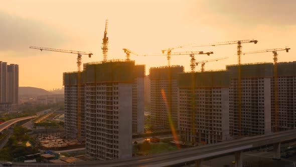 Aerial of construction site at sunset