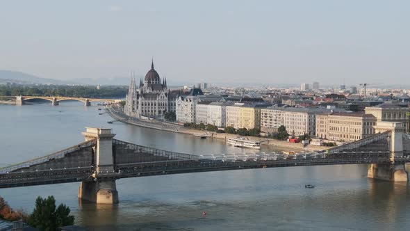 Panoramic View Chain Bridge and Parliament Building in Budapest By Danube River