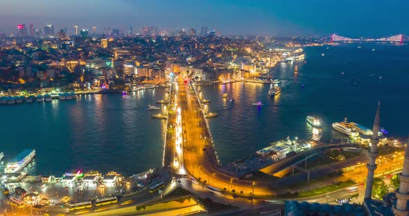 Aerial Hyperlapse of Galata Bridge at Sunset Traffic Lights