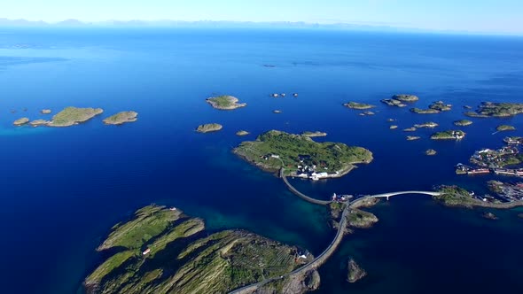 Scenic road on Lofoten islands, Henningsvaer, from air