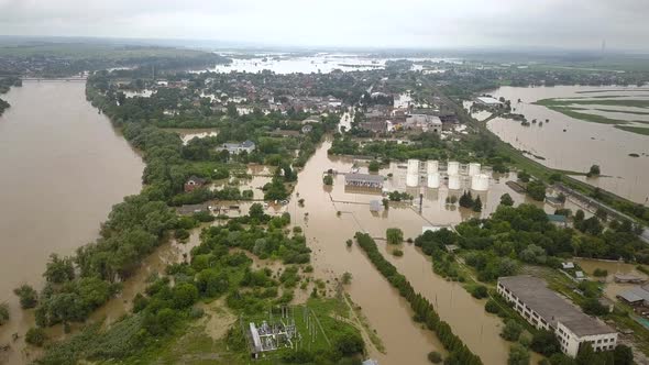 Aerial view of flooded houses with dirty water of Dnister river in Halych town, western Ukraine.