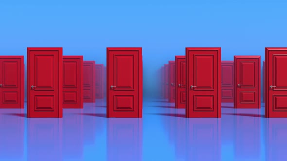 Rows of red wooden closed doors on a blue background