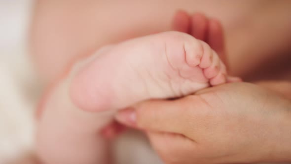 Mother Massaging and Tickling Small Baby Feet. Close Up Slow Motion Shot