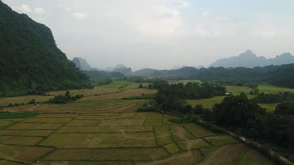 Fields near town of Vang Vieng in Laos seen from the sky