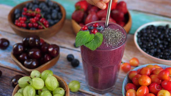 Berry Smoothie with Chia Seeds. Vegan Breakfast.