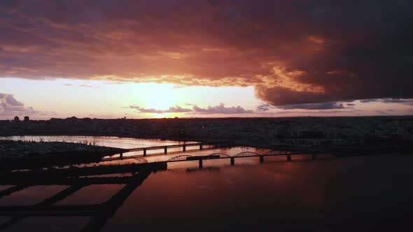 Portimao Railway Bridge with Beautiful Vibrant Portugal Sunset, Aerial